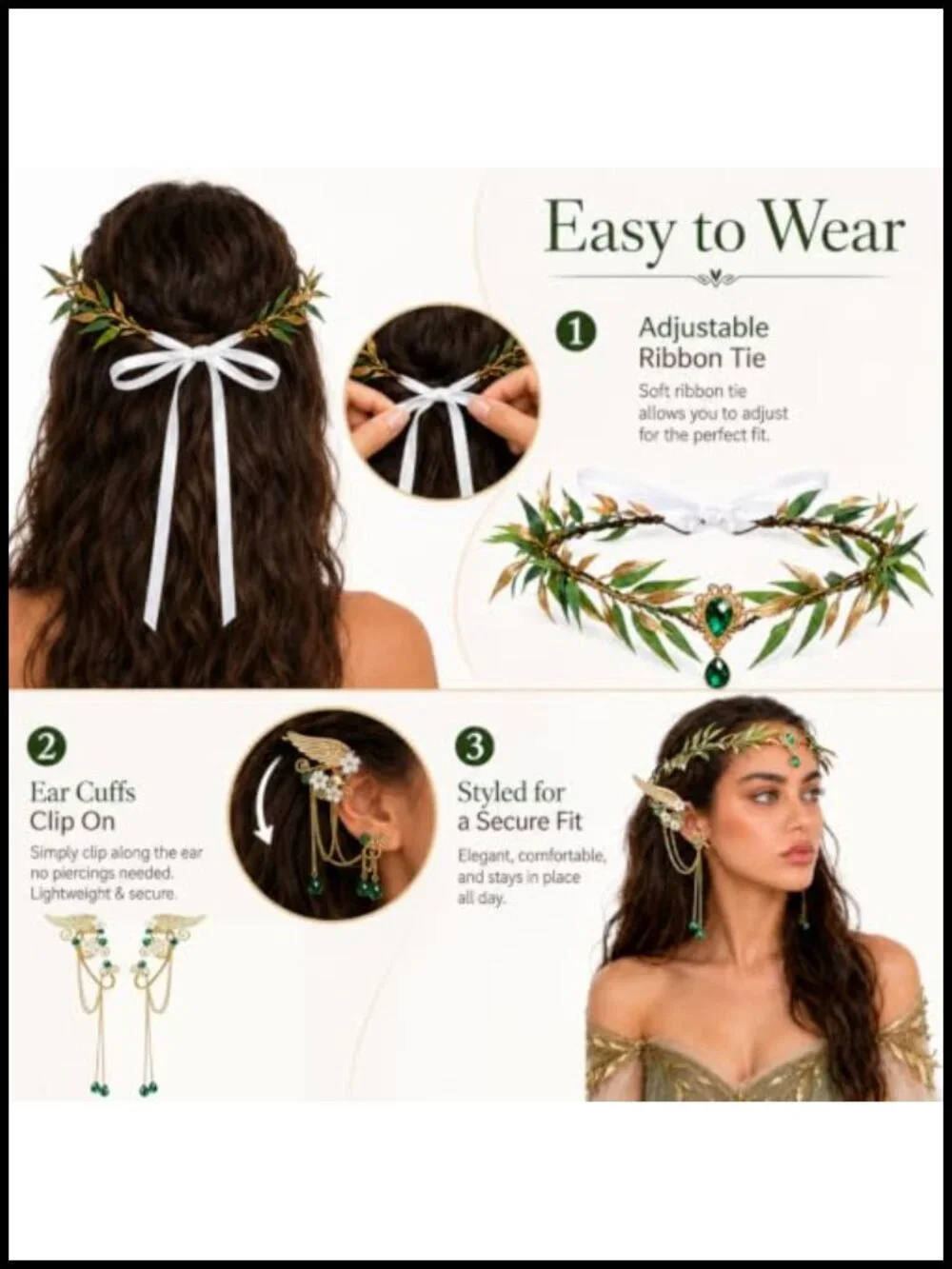 Fairy Crown and Elf Ear Cuffs Set, Adjustable Handcrafted Flower Headpiece